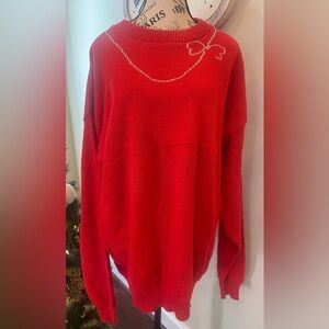 Vintage Red Oversized Sweater Silver Metallic Embroidered Bow Necklace Women 1X